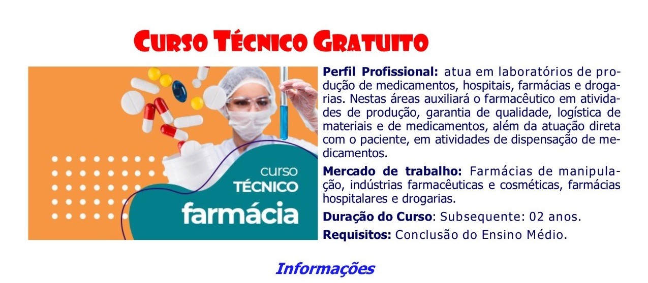 Estão abertas as inscrições para curso gratuito de técnico de Farmácia