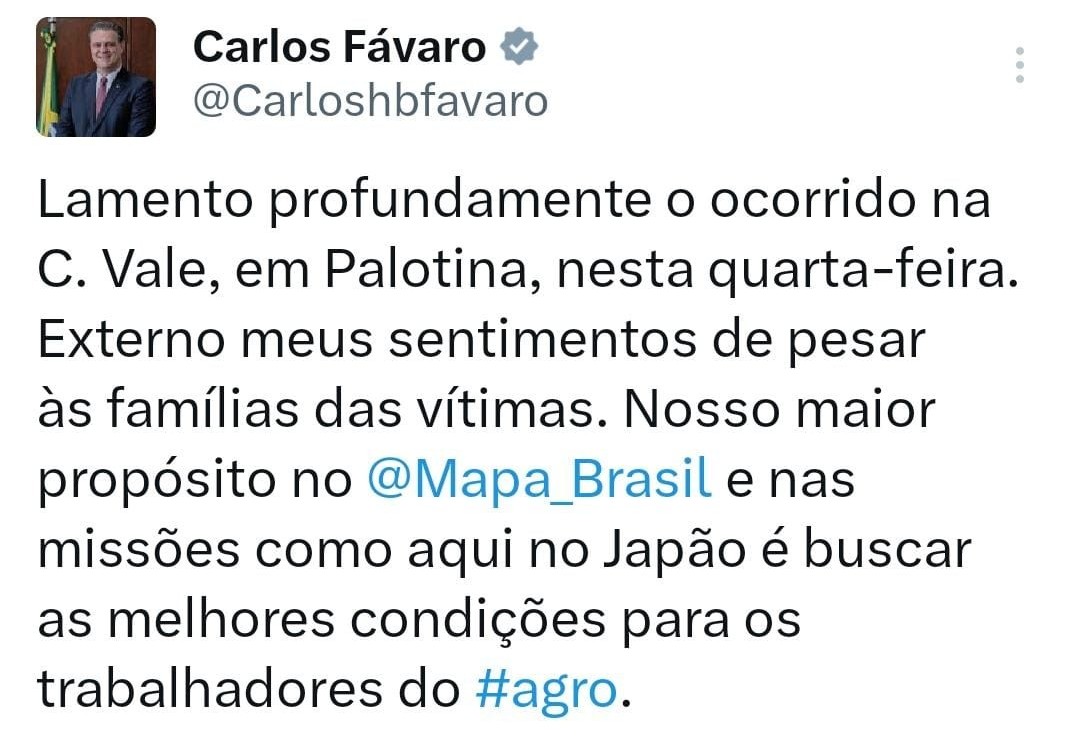 Ministro da Agricultura lamenta tragédia em Palotina 
