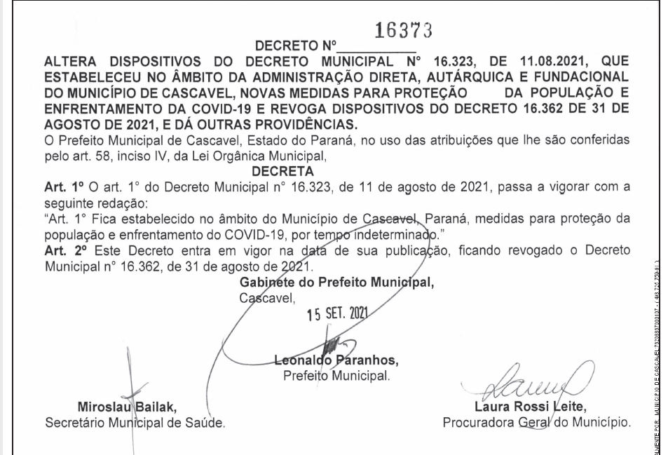 Cascavel renova Decreto que estabelece medidas de combate à Covid-19